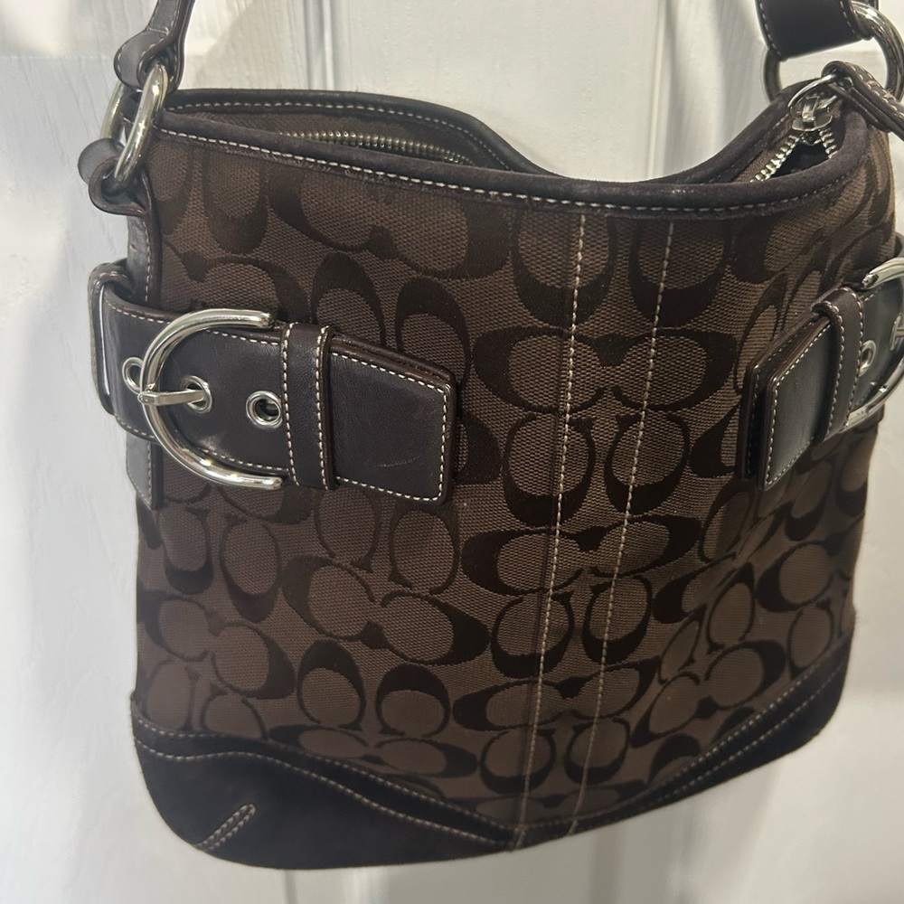 Vintage Coach Soho Signature Duffel bag brown canvas Logo leather trim - Picture 3 of 16
